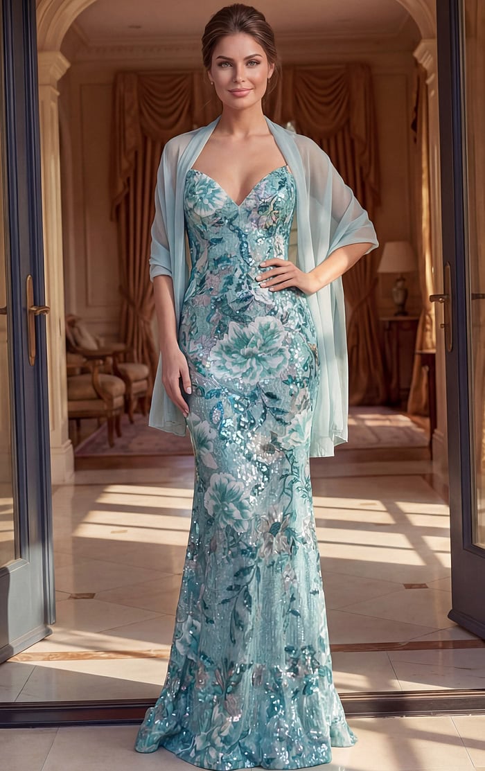 mint green floral sequin spaghetti strap mermaid gown with chiffon wrap