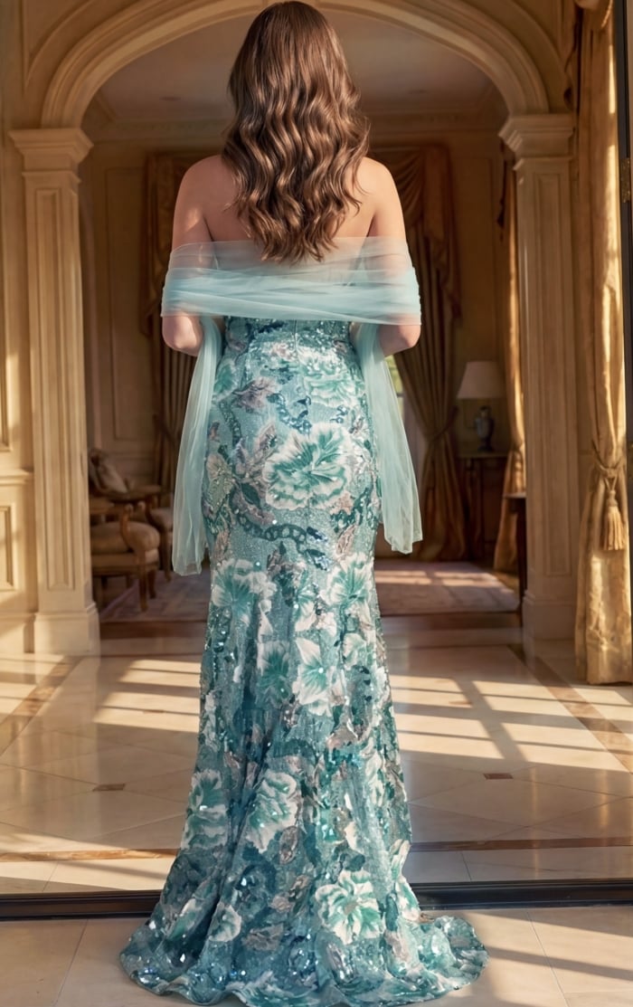 back view of mint green floral sequin spaghetti strap mermaid gown