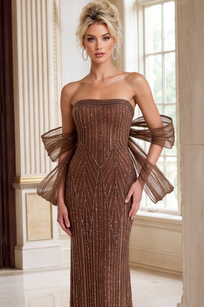 Jovani 49841 brown strapless beaded evening gown with dramatic pleated bow detail