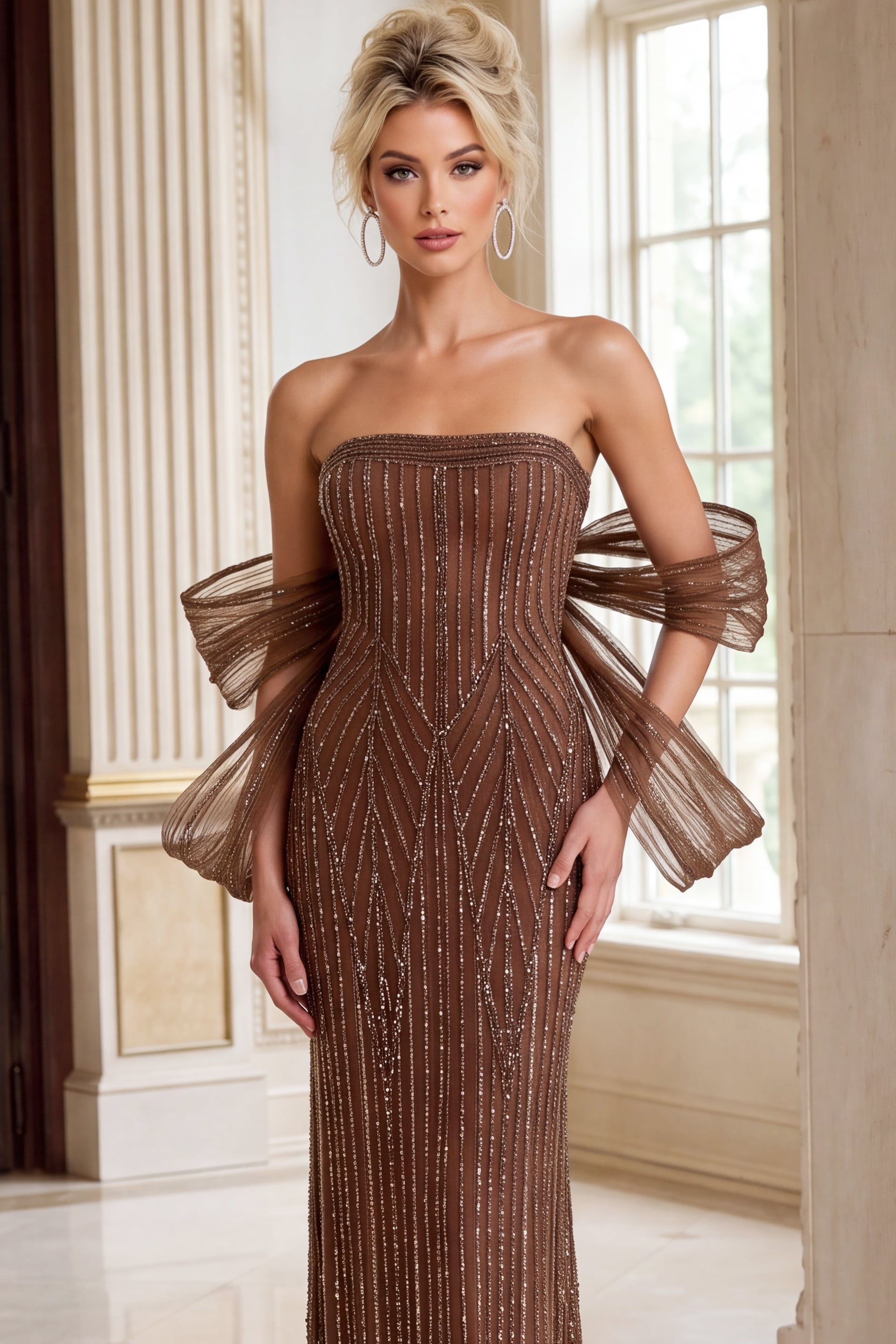 Jovani 49841 brown strapless beaded evening gown with dramatic pleated bow detail