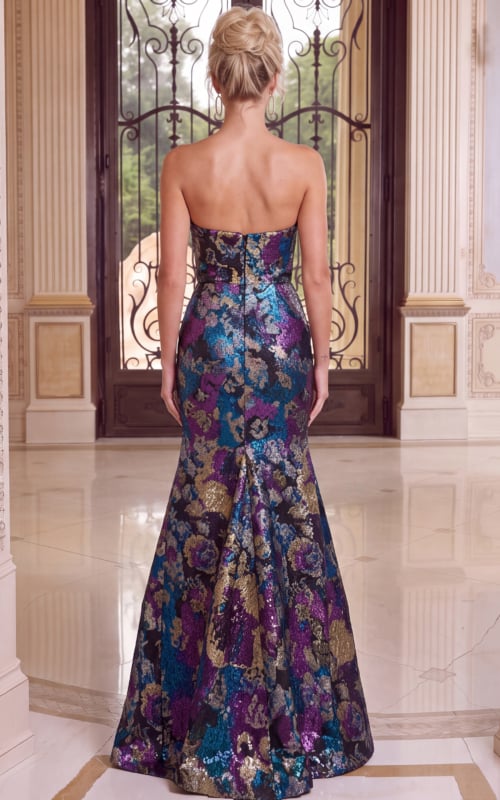 Luxury strapless evening dress featuring vibrant metallic