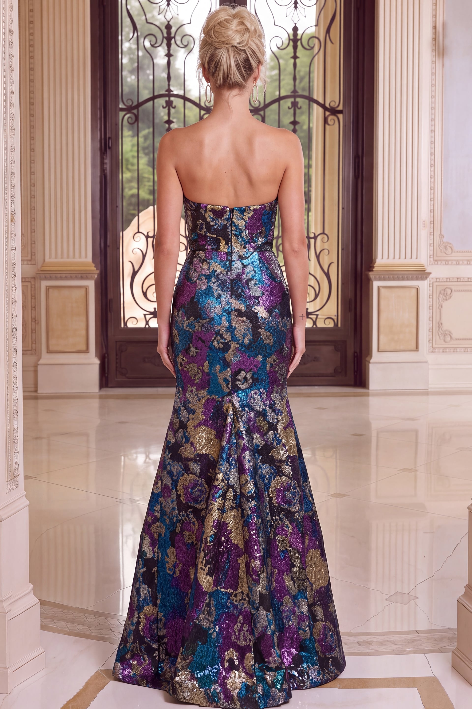 Luxury strapless evening dress featuring vibrant metallic