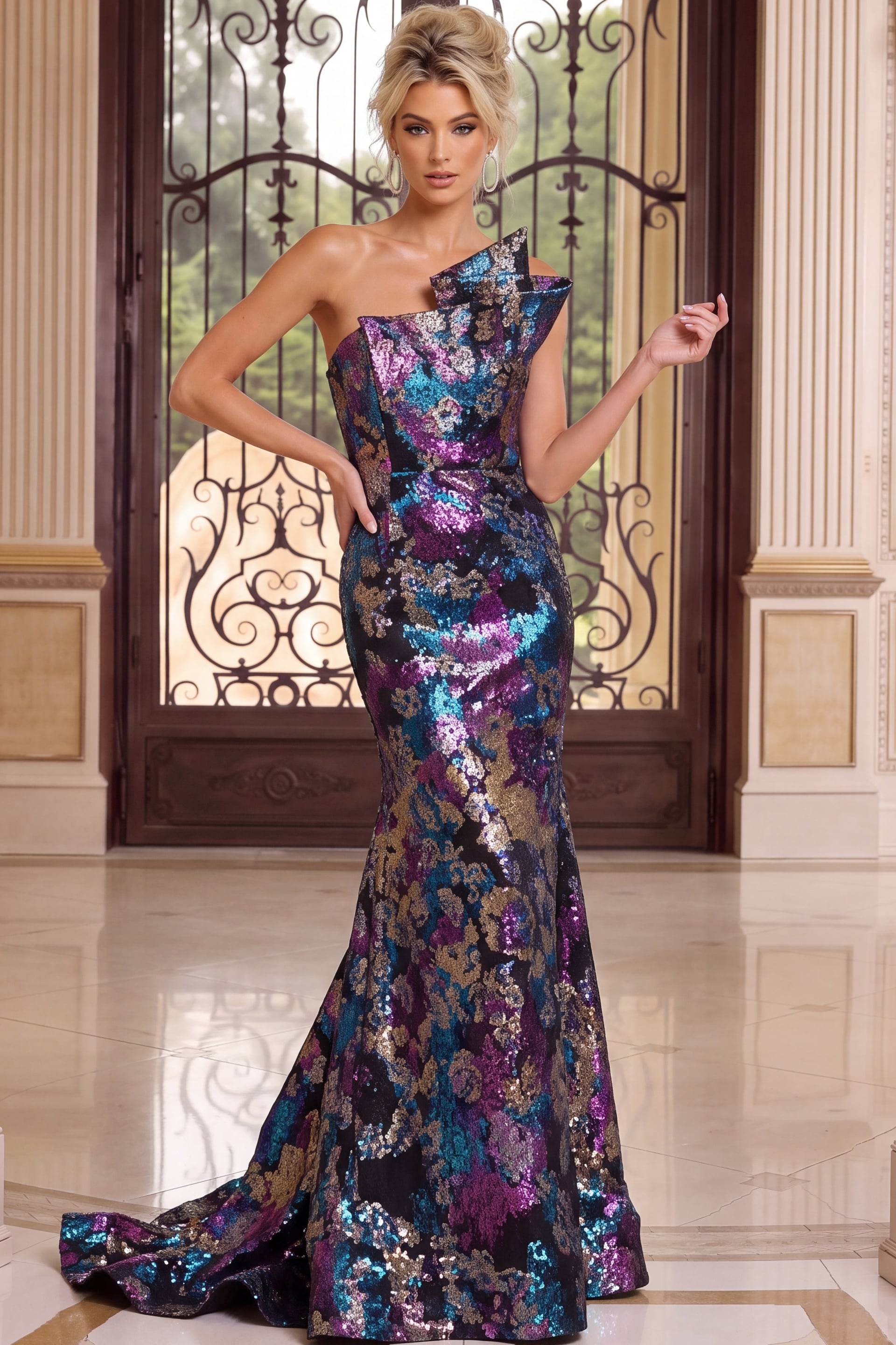 one shoulder mermaid multi color dress
