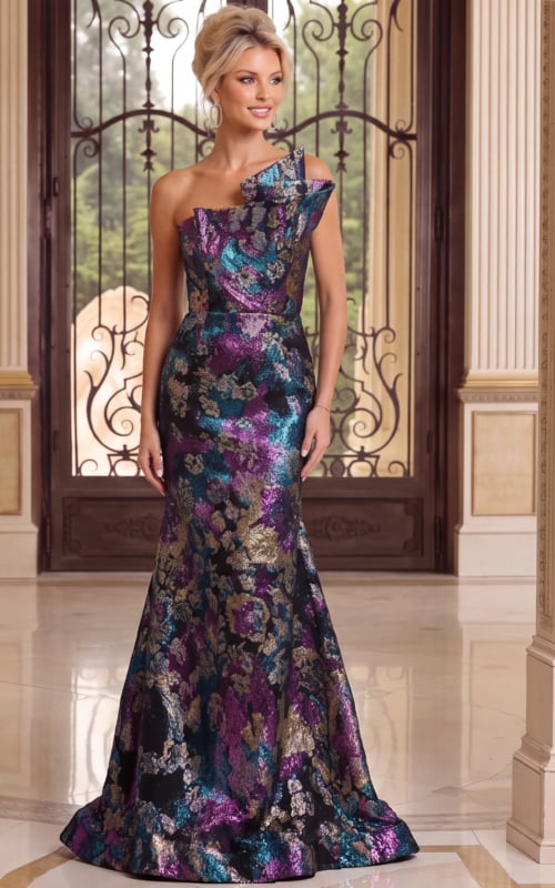 sequin floral mermaid gown with blue, purple, and gold colors