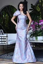 Jovani 49847 light blue lilac one shoulder mermaid evening gown in metallic floral brocade fabric with oversized bow shoulder detail and sweep train
