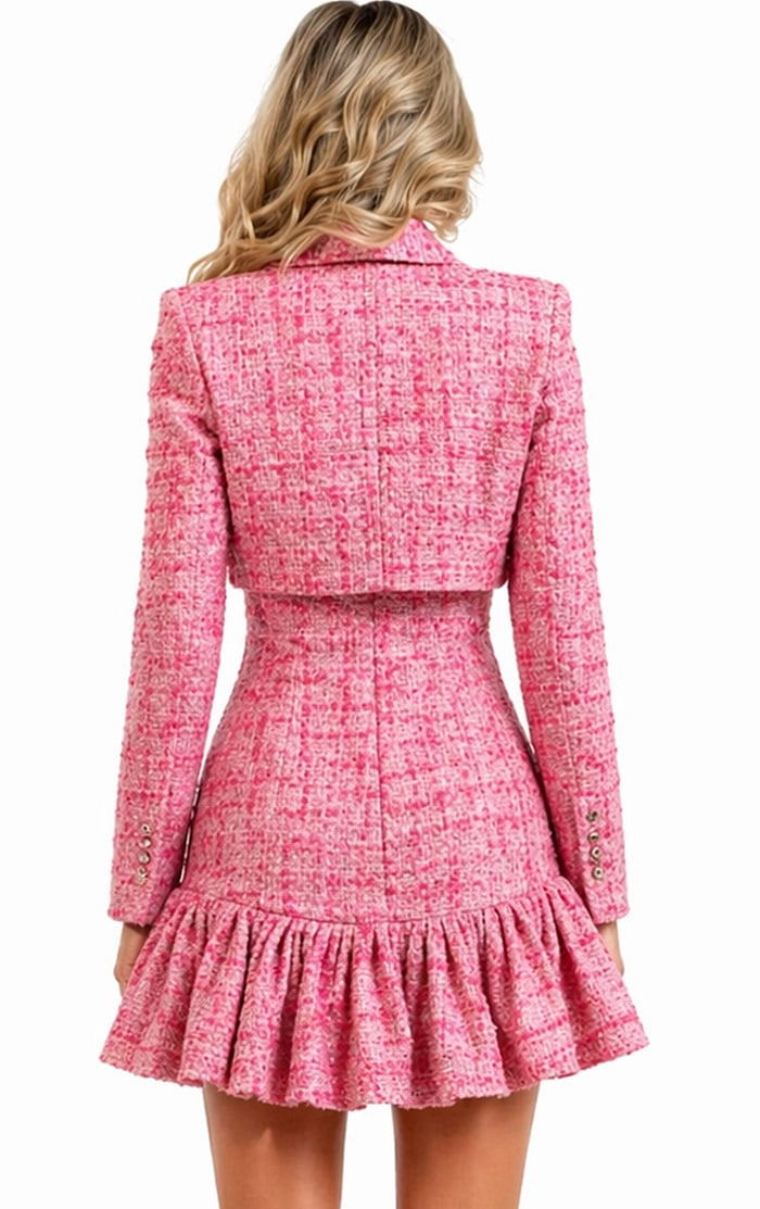 strapless open back dress Tweed Frayed Trim Mini Dress in Pink  SOUR FIGS