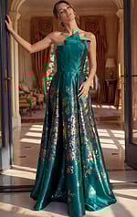 one shoulder embellished prom dress front view with fitted silhouette and high slit