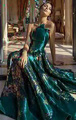 one shoulder evening dress front view with structured bodice and long silhouette