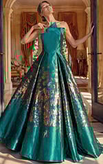 glamorous prom dress front view with one shoulder ruffle detail and slim fit