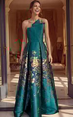 elegant evening gown with crystal detailing and asymmetric neckline