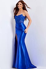 Strapless satin prom dress with embroidered corset and slit
