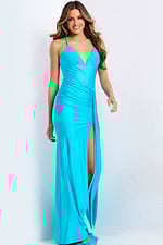 Floor-length halter-style evening dress featuring open back and side slit.