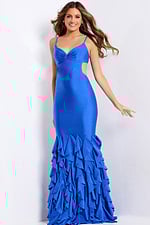 Bold floor-length gown with sweetheart neckline and cascading ruffles.