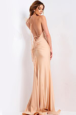 Nude fitted gown with plunging neckline and open tie-back