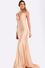 Backless satin prom dress with deep V neck and long train