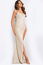Gold fitted one shoulder prom dress with high slit