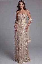 Embroidered floral strapless gown with fitted silhouette