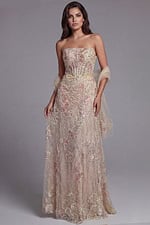 Strapless floral embellished gown with sheer shawl