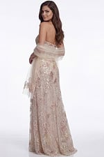 Beaded floral evening gown with strapless neckline and sheer shawl