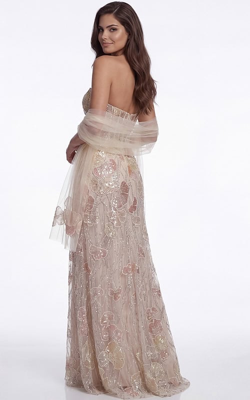 Beaded floral evening gown with strapless neckline and sheer shawl