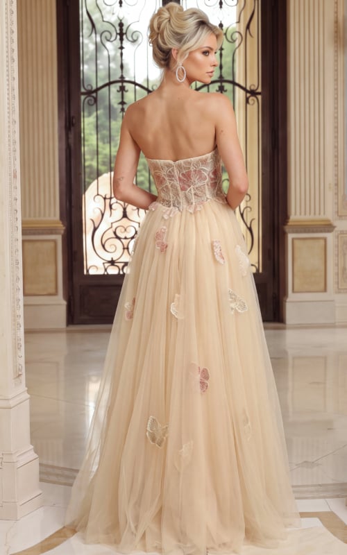 uxury ivory formal dress with embroidered flowers, crystal detailing, sheer side drapes, and full-length A-line silhouette.