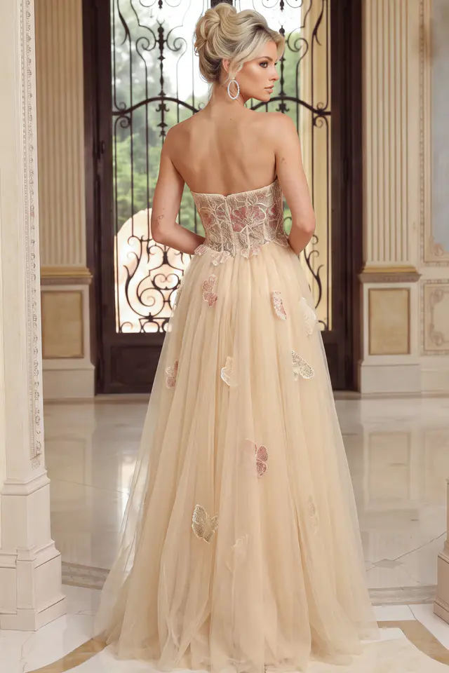 Ivory Floral Embroidered Strapless Tulle Ball Gown 49883