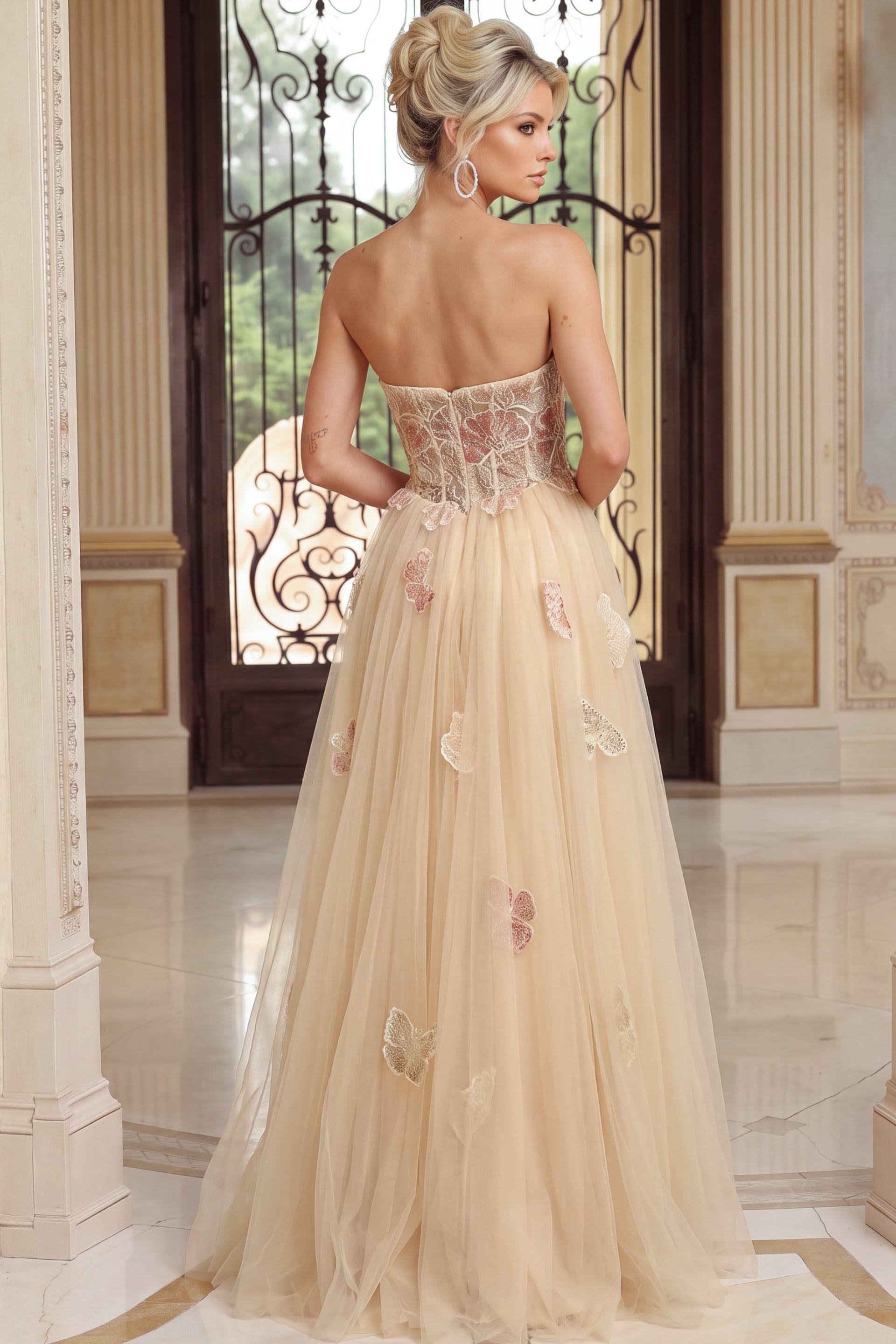 uxury ivory formal dress with embroidered flowers, crystal detailing, sheer side drapes, and full-length A-line silhouette.