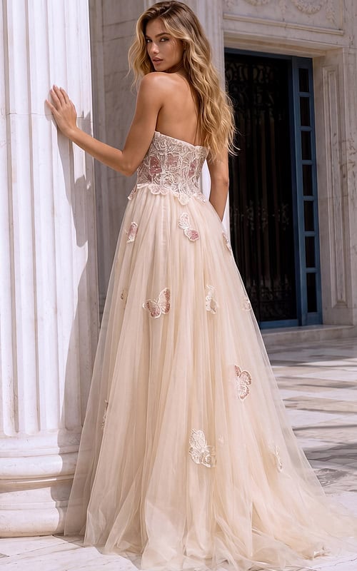 Back view of a blush champagne formal dress with a lace corset bodice
