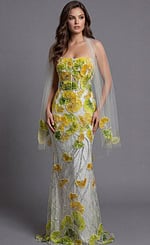Floral embellished mermaid evening gown with strapless neckline and sheer overlay