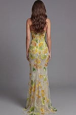 Strapless mermaid gown with yellow and green floral embellishments