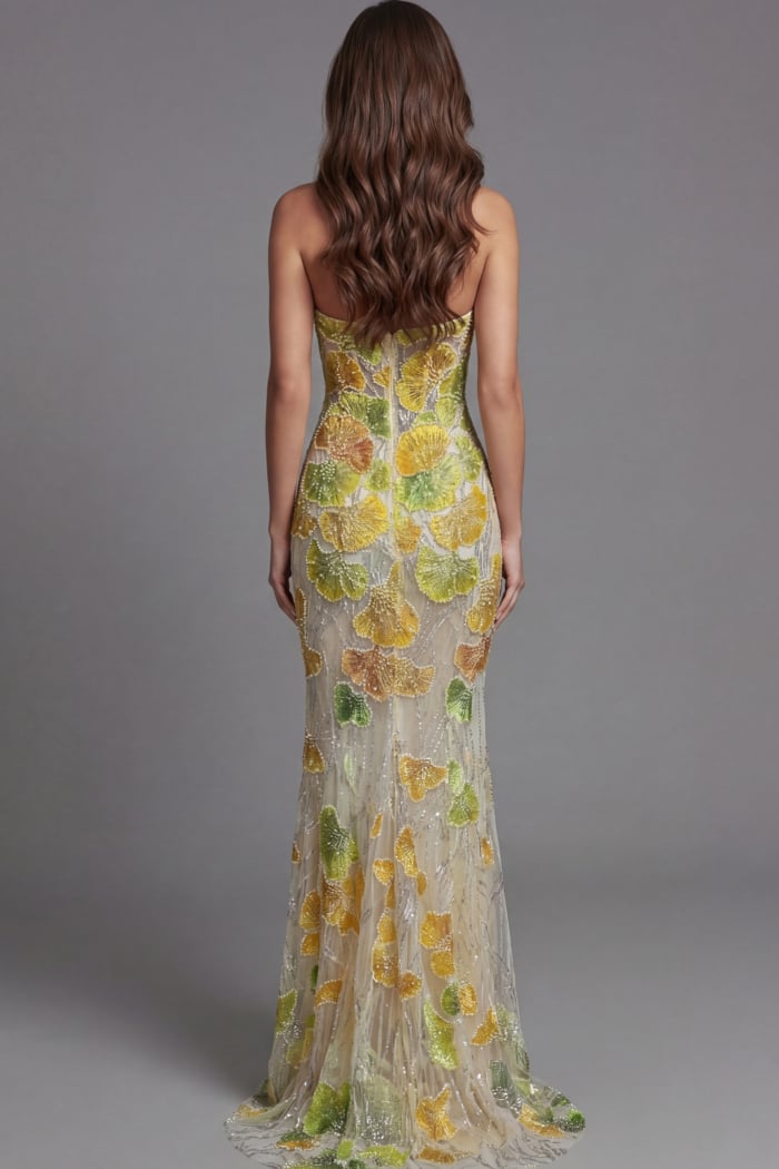 Strapless mermaid gown with yellow and green floral embellishments