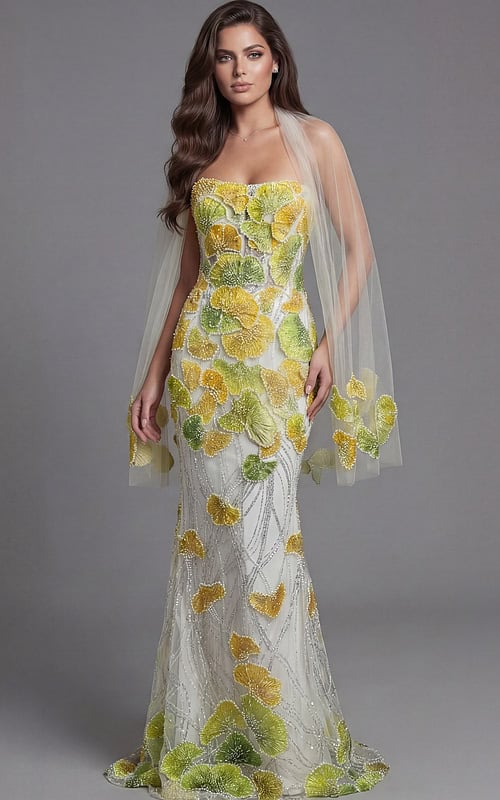 Strapless fitted gown with colorful floral beadwork