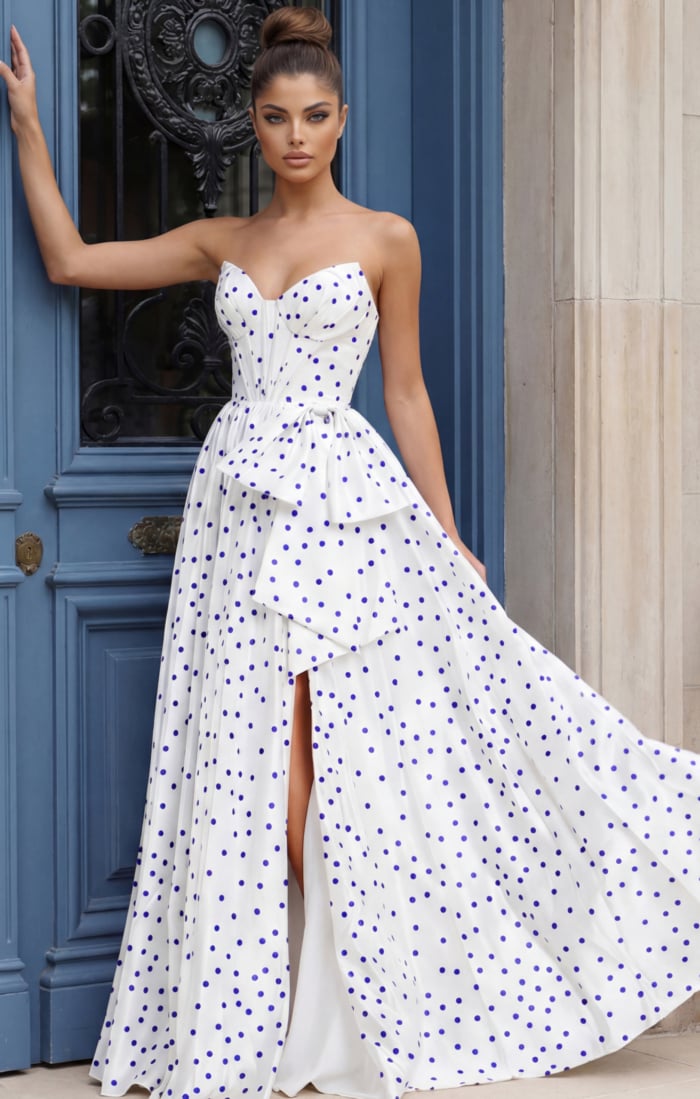 strapless poko dot dress with bow detail 49899