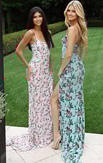 fitted floral embroidered gowns with slim straps and floor length silhouettes