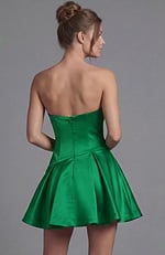 Back view of a strapless satin dress featuring a low-cut back with a hidden zipper and a pleated, flared skirt.