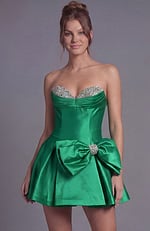 Elegant formal mini dress with a straight-across strapless neckline and a bold statement bow accentuating the waist.