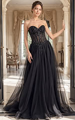 back view of black tulle strapless gown with beaded floral lace bodice