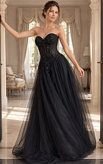 black tulle strapless sweetheart gown with beaded floral lace bodice