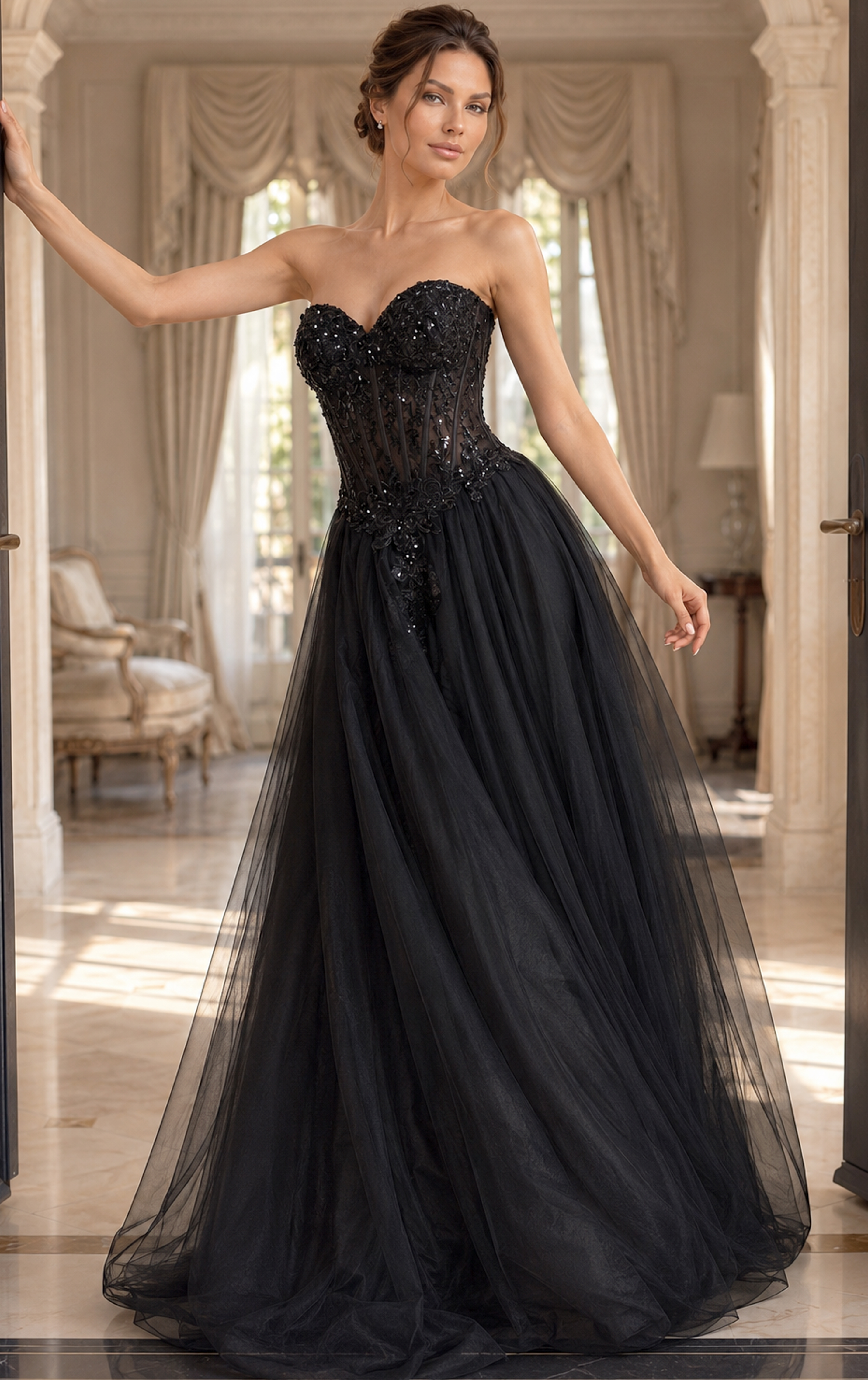 50011-11 black tulle strapless sweetheart gown with beaded floral lace bodice