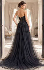 black tulle strapless sweetheart gown with beaded floral lace bodice