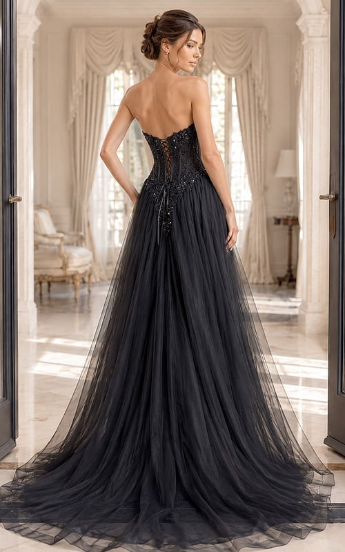 black tulle strapless sweetheart gown with beaded floral lace bodice