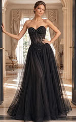 black tulle strapless sweetheart gown with beaded floral lace bodice