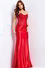 Back view of red satin prom dress with fitted silhouette and sweep train