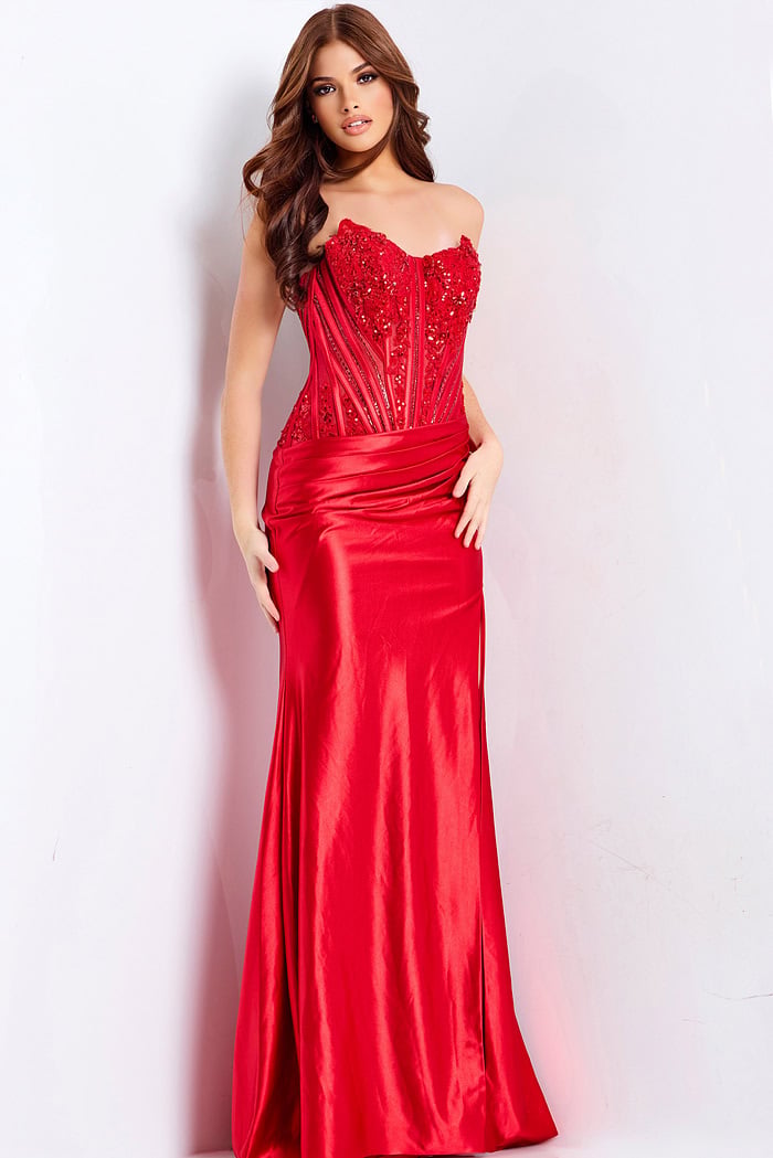 Back view of red satin prom dress with fitted silhouette and sweep train