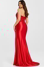 Bold strapless satin gown in vibrant red with a beaded corset bodice.