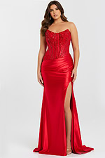 Strapless Red Satin Gown with Beaded Corset and High Slit.