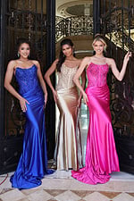 strapless red satin gown - three girls front, right girl holding gate smiling