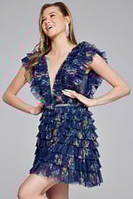 Model wearing Jovani 50069 navy ruffled dress detailed view