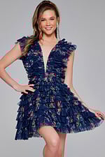 Model wearing Jovani 50069 navy ruffled dress front view