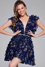 Model wearing Jovani 50069 navy ruffled dress back view